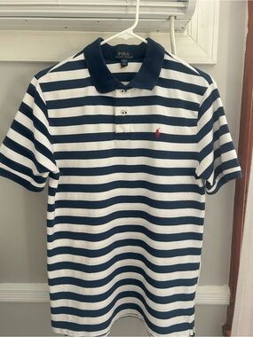 Polo by Ralph Lauren Navy & White Striped Polo with Pink Pony